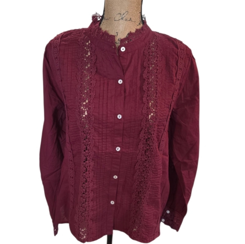 Jennifer & Grace Burgundy Cotton Lace Pintuck Button Down Blouse‎ NWT L